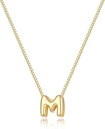 Personalized Bubble Letter Initial Necklace, 14K Gold Plated, Dai...
