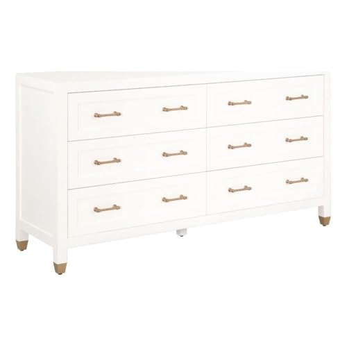 Pemberly Row 6-Drawer Double Dresser, 66" W x 36" H x 20" D, Solid Wood, Matte White Finish, Brushed Brass Accents, Full Extension Glides, Transitional Bedroom Storage Furniture