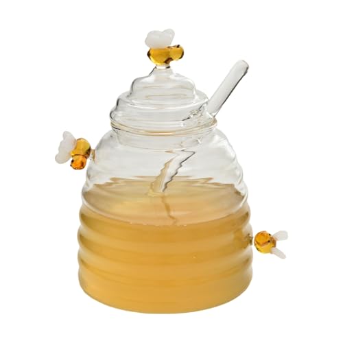 Generic 300ML Honey Dish Honey Jar with Dipper and Lid Large Glass Jar Honey Pot Wooden Honey Dippers Glass Honey Dispenser Containers for Jam, Jelly, Syrup, Honey Jars for Home & Kitchen