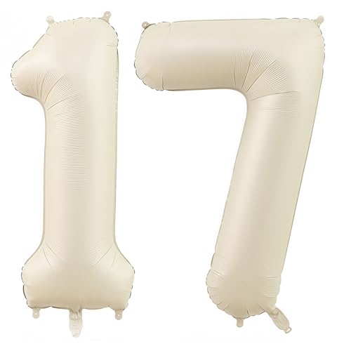 Image of Cream Number 17 Balloons,40 Inch 17 Balloons Giant Helium Foil Mylar Beige 17 Balloon Number for Birthday Party Anniversary Decorations