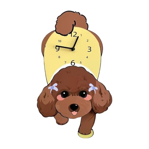 BLWOTMOR 壁掛け時計 振り子時計 木製 静音 軽量 掛け時計 装飾 犬キャラクター 無音 多用途 ギフト 子供部屋 リビング 寝室 オフィス ホテルに適用, 茶色