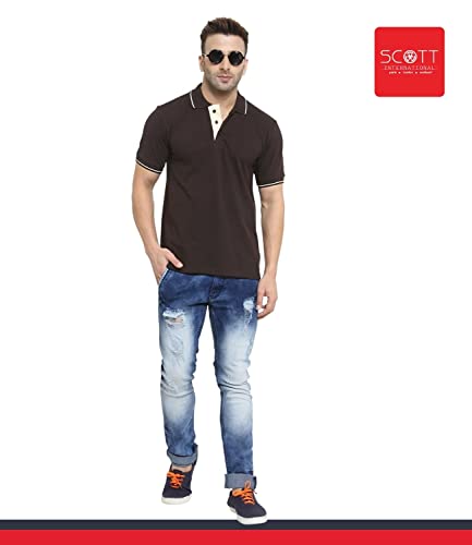 Image of Scott International Men's Regular Fit Half Sleeve Organic Cotton Polo T-Shirt (SS20-SP21-S Coffee Brown with White Small)
