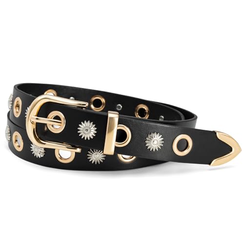 Black Studded Belt for Women, Fashion Grommet Belt with Gold Buckle for Jeans Pants