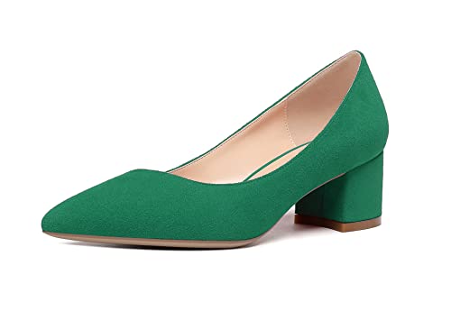 Elahse Damen 5cm Blockabsatz Pumps, Spitze Zehen Niedriger Absatz Schuhe, Klassische Ohne Verschluss Hochzeit Abend Pumps Wildleder GrünEU40 Cover