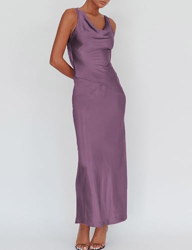 Image of KOUNAI Satin Backless Formal Maxi Dresses for Women Wedding Guest | Silk,Cowl Neck,Drape Neck,Open Back,Sleeveless,Tie Back,Elegant,Cocktail,Bridesmaid,Beach,Vacation,Party,Graduation,Midi