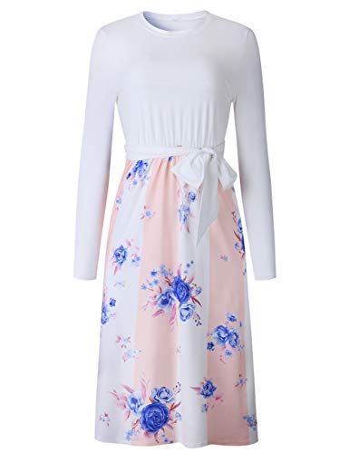 Women's Long Sleeve Floral Patchwork Crew Neck Casual Tie Dresses with Pockets, Pink, Size M