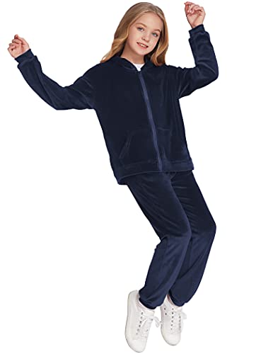 Hopeac Girl's Velour Tracksuit Athletic Zip-Up Hooded Jacket And Matching Pants Navy Blue #TOP3