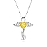 YLT Collar con colgante de urna de plata de ley 925 con alas de ángel para cenizas, recuerdo conmemorativo, cruz, para mujeres y hombres, Plata esterlina, Circonia cúbica