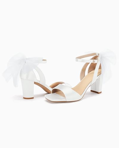Coutgo Women's Bow Tie Heeled Sandals Chunky Heels One Strap Satin Ankle Buckle Dress Wedding Shoes4