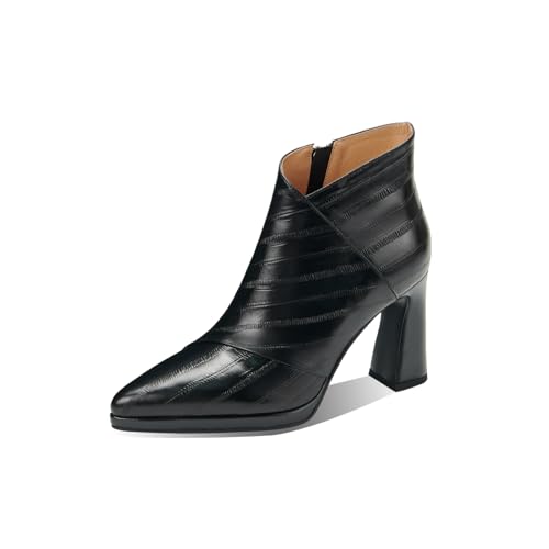 TinaCus Women's Pointed Toe Stripe Genuine Leather Handmade High Heels Zip up Chic Ankle Boots