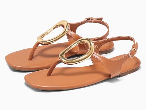 Image of Coutgo Womens Flat Sandals Comfortable Flip Flops Slide Sandals Summer Beach Shoes with Metal Decoration