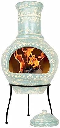 La Hacienda (Free Cover) Lumbre Blue Aqua Large Clay Chiminea Patio Heater