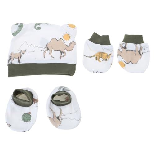 Newborns Baby Hat and Gloves Set with Foot for Infant Boys Girls 0-6 Months Soft Fetal Caps Cotton Gloves Socks Desert Camel