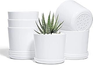 T4U10CM Plastic Pot with Saucer White Set of 6, Round Resin Planter Cylinder Garden Plant Container Indoor Outdoor for Orchid Flower Succulent Cactus Home Office Balcony Decor
