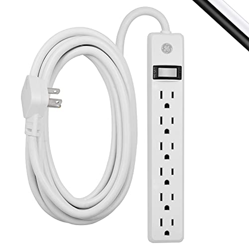 GE 6-Outlet Power Strip, 12 Ft Extension Cord, Flat Plug, Grounded, Integrated Circuit Breaker, 3-Prong, Wall Mount, UL Listed, White, 45195