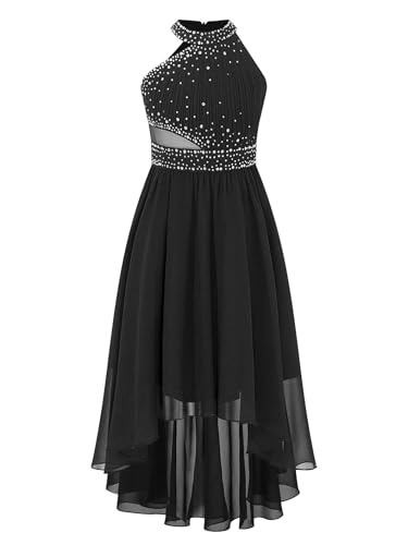 Miaeowve Enfant Fille Robe Soirée Princesse à Strass Brillant Asymétrique Robe Demoiselle Honneur Mariage Cérémonie Robes de Fête Bal 5-16 Ans Noir 9-10...