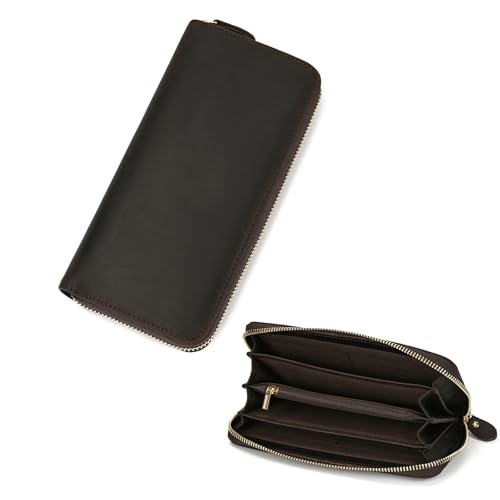 Genuine Leather Long Wallet Zipper Around Purse Clutch Bag Handbag Pouch Cash Credit Cards Phone Holder, Dark Brown