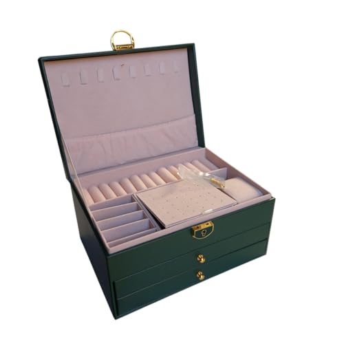 Porta-Joias Premium com 2 Camadas, 88 Espaços para Brincos, 15 Ganchos para Colares, 36 Anéis, com Chave (Verde)