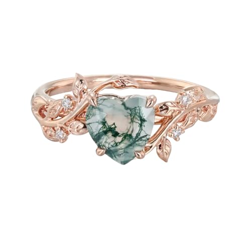 1CT Natural Moss Agate Engagement Rings for Women Nature Inspired Moss Agate Engagement Rings 925 Sterling Silver/10K/14K/18K Gold Wedding Rings for Wife Bridal Anniversary Promise Rings