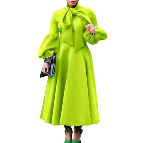 Womens Bowtie Neck Lantern Sleeve Plus Size Dress Elegant Long Sleeves High Waist A-Line Big Swing Cocktail Maxi Dress (Color : Fruit Green, Size : Large)