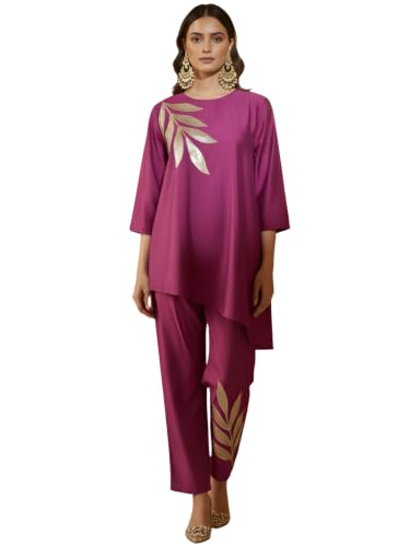 Image of Women's Magenta Chanderi Sequin Embroidered Co-ord Set | Round Neck 3 /4 Sleeve Asymmetric Top with Trousers | Festive Co-ord for Party, Wedding