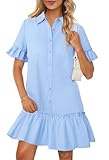 MEROKEETY Women's Summer Button Down Shirt Dress Casual Ruffle Sleeve Shift Mini Dresses with Pockets, Blue, Medium