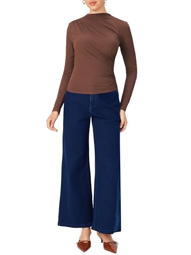 CIDER Mock Neck Tops for Women Trendy Ruched Long Sleeve Shirts Solid Basic Tee Slim Fit Fall Tops2