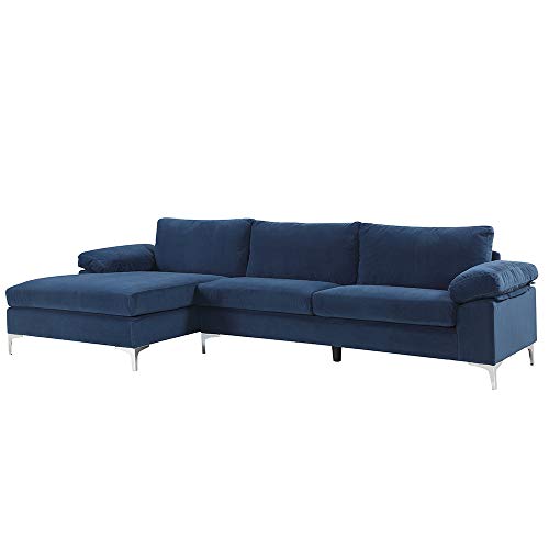 Divano Roma Furniture Modern Large Velvet Fabric Sectional Sofa, L-Shape Couch with Extra Wide Chaise Lounge (Navy)