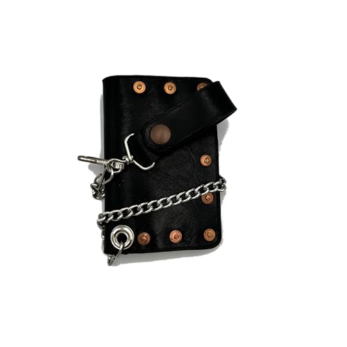 Biker Wallet With Rivets And Chain, Vintage Glazed Buffalo, Bifold, 2 Pockets, Rugged Handmade Men's Wallet With Chain (Black)