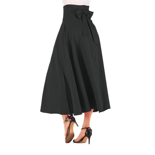 Women's Casual High-Waisted Pleated Maxi Skirt with Pockets，Solid Long Vintage Strappy Skirt2