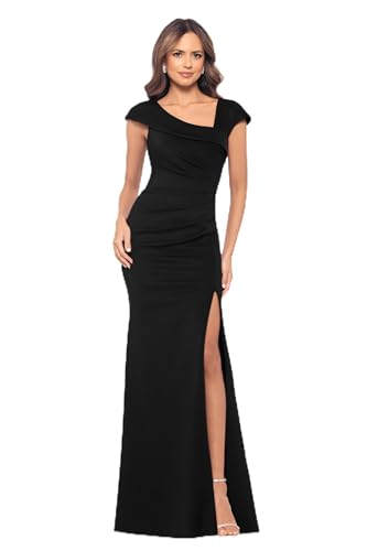 Xscape Women's Asymmetrical Neck Cap Sleeve Ruched High Slit Gown