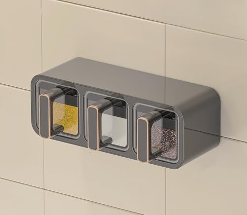 調味料入れキッチン用 スパイス収納ラック 調味料ストッカー 調味料ラック スプーン付き ダブルパッキン 砂糖入れ 塩入れ コショウ 片栗粉 シュガーポット 防水防湿 お手入れ簡単 壁掛け 保存容器 密閉容器 家庭キッチン用 おしゃれ プレゼント (3マス,