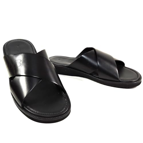 Principe Di Bologna Men's Leather Cross-Strap Slide Sandals, Black, Size 43 EU2