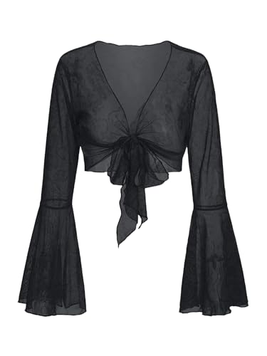 SOLY HUX Womens Fairy Bell Sleeve Top Floral Lace Tie Front Crop Cardigan Y2k