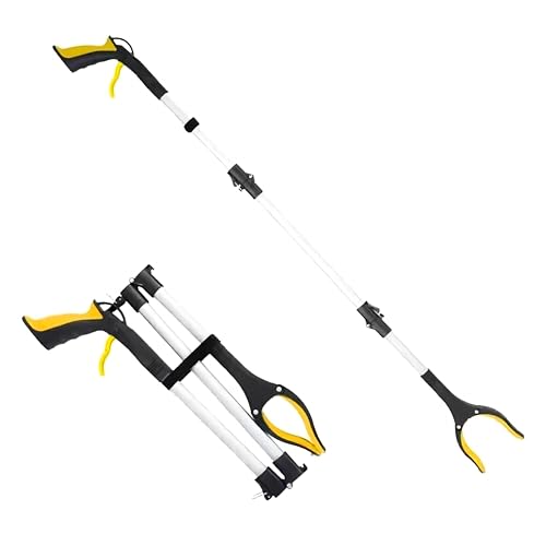 44 Inch Grabber Reacher Tool, Three-Section Foldable Long Reach Grabber, Trash Fruit Pickup Stick Tool with 360° Rotatable Strong Magnetic Grabber Head Aluminum Alloy Rod (Yellow)