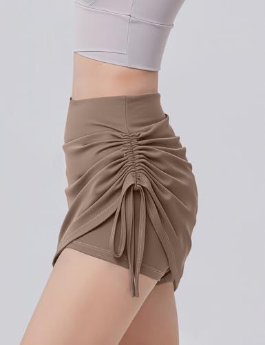 AJISAI Saia curta feminina com shorts, mini golfe, atlética, verão, natação, praia, saias, Marrom, M