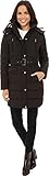 Tommy Hilfiger Women's Down Alternative Coat with Faux Fur Trim Hood and Striped Belt, Black, Medium