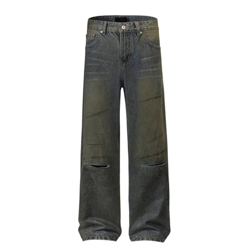 Jeans Pants Trouser Denim Retro Trendy Street Tear Hole Make Old Spray Personalized Washed Straight Leg for Men2