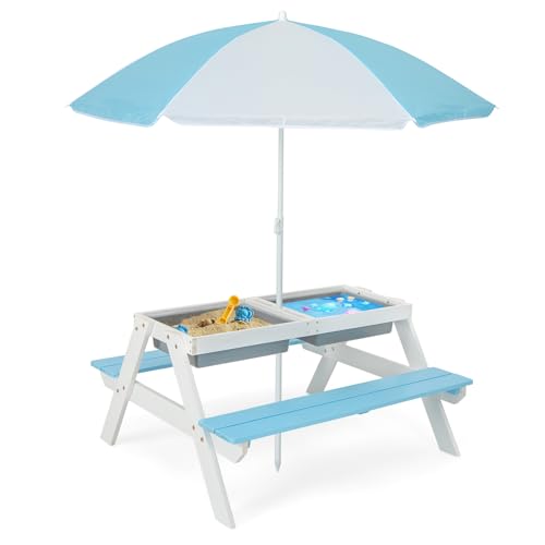 GOPLUS Table Enfant avec Banc et Parasol, 3 en 1 Banc Convertible avec Plateau Amovible et 2 Boîtes de Rangement, Table d'Activité en Bois pour Extérieur,...