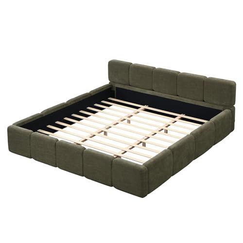 Image of Harper & Bright Designs King Size Upholstery Platform Bed with Thick Headboard, Boucle Platform Bed with Solid Wood Slats, Upholstery Grounded Beds, Easy Assembly, Green