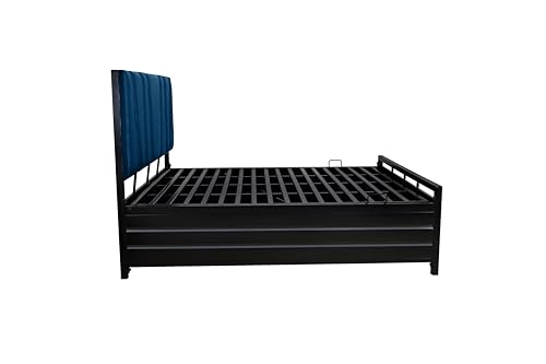 Image of Furniture Beliza Metal Bed Frame with Hydraulic Storage, King Size Platform Bed, Bed with Storage, Iron Bed Frame - Black (Pine Headboard) (King Size 6X6 Without Mattress)
