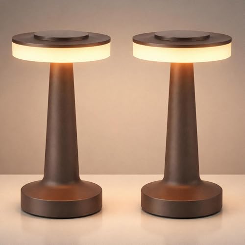 Image of Riakrum 2 Pcs LED Cordless Table Lamp Bulk Rechargeable,Brown | Portable Wireless Lamps, 3 Color Stepless Dimming, 15 Hour Battery, Touch Control, Wedding Home Restaurant Decor