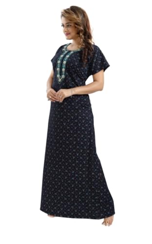 Image of Onekbhalo Women's- Full Sleeves-Feeding- Nursing- Maternity Nighty /Maxi /Gown /Nightdress /Nightwear- Hosiery Cotton Fabric- Floral Print- Embroidery with Zip