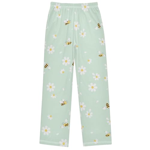 Boy's Pj Pants Cartoon Bees Heart Green Lounge Bottoms Elastic Waist Kids Joggers with Pockets Size 6-14