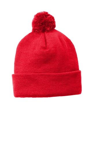 Sport-TEK Unisex Solid Pom Pom Beanie | Classic Fit Cuffed Winter Beanie for Men & Women