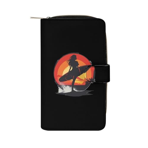 Vintage Sunset Surfing Women with Surfboard Leather Long Pouch Wallet for Men And Women Large Capacity Clutch Cash Wallet with Zippered