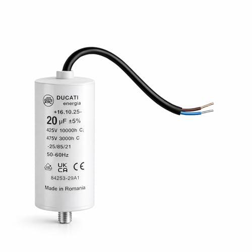 Condensador de motor monofásico 425 V/450 V/475 V - Condensador permanente con cable - Compatible con bomba piscina, lavadora de alta presión Kärcher, puerta de garaje y portal, compresor (20 μF / 20