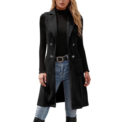 Generisch Lang Weste Damen Ärmellose Elegant Blazer Jacke Leichte Einfarbig Trenchcoat mit Taschen Übergangsjacke Vintage Anzugjacke Business Longblazer Doppelreihige Zwei Knöpfe Anzugweste Cardigan