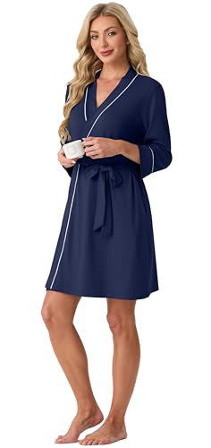 Image of PrinStory Womens Robe Knee Length Soft Knit Bathrobe S-2XL | V-Neck 3 /4 Sleeve Robes with Pockets, Lightweight, Breathable Bath Robe for Shower, Spa, Travel, Home, Party, Nursing