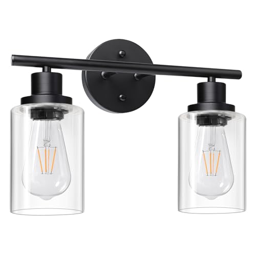 Image of Unicozin 2 Light Vanity Lights, Black Wall Sconce Light with Clear Glass, Bathroom Light Fixtures, Wall Lights for Mirror, Living Room, Bedroom, Hallway, E26 Base (Bulbs Not Included)